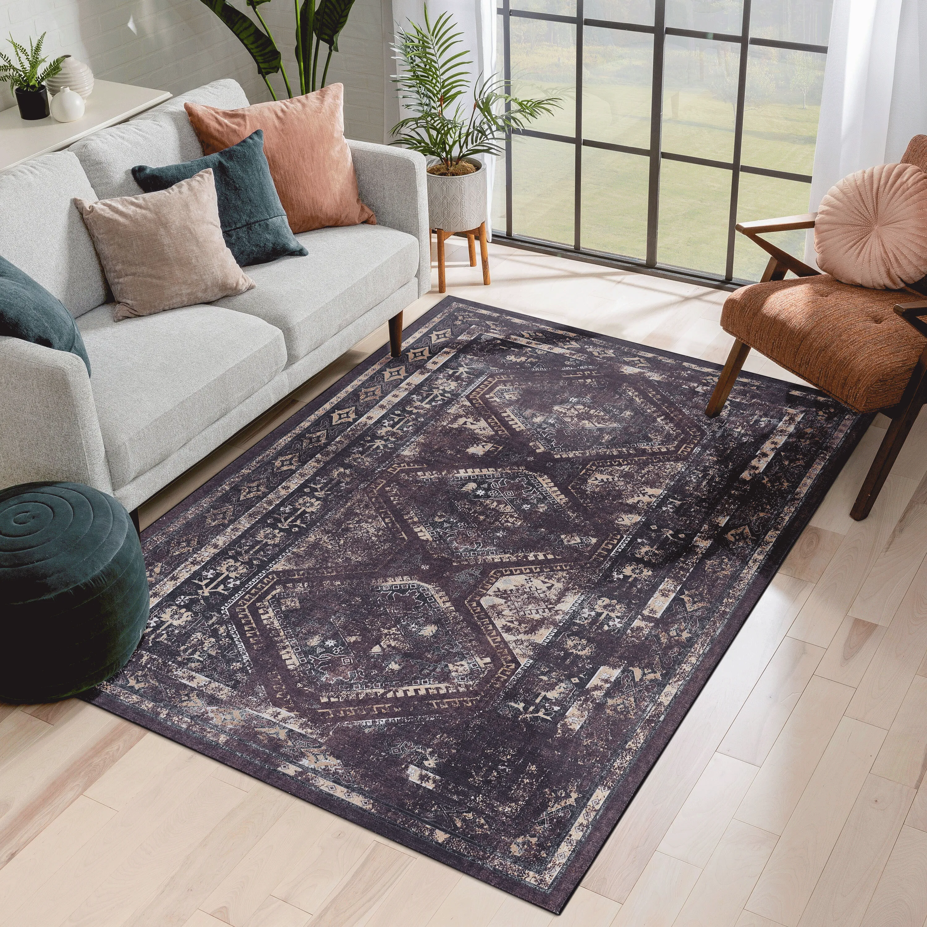 4x6 Area Rug, Washable Rug, Low-Pile, Non-Slip, Non-Shedding, Foldable, Kid & Pet Friendly - Area Rugs for living room, bedroom, kitchen, dining room rug - Perfect Gift, (Black Burgundy, 4'x 6')