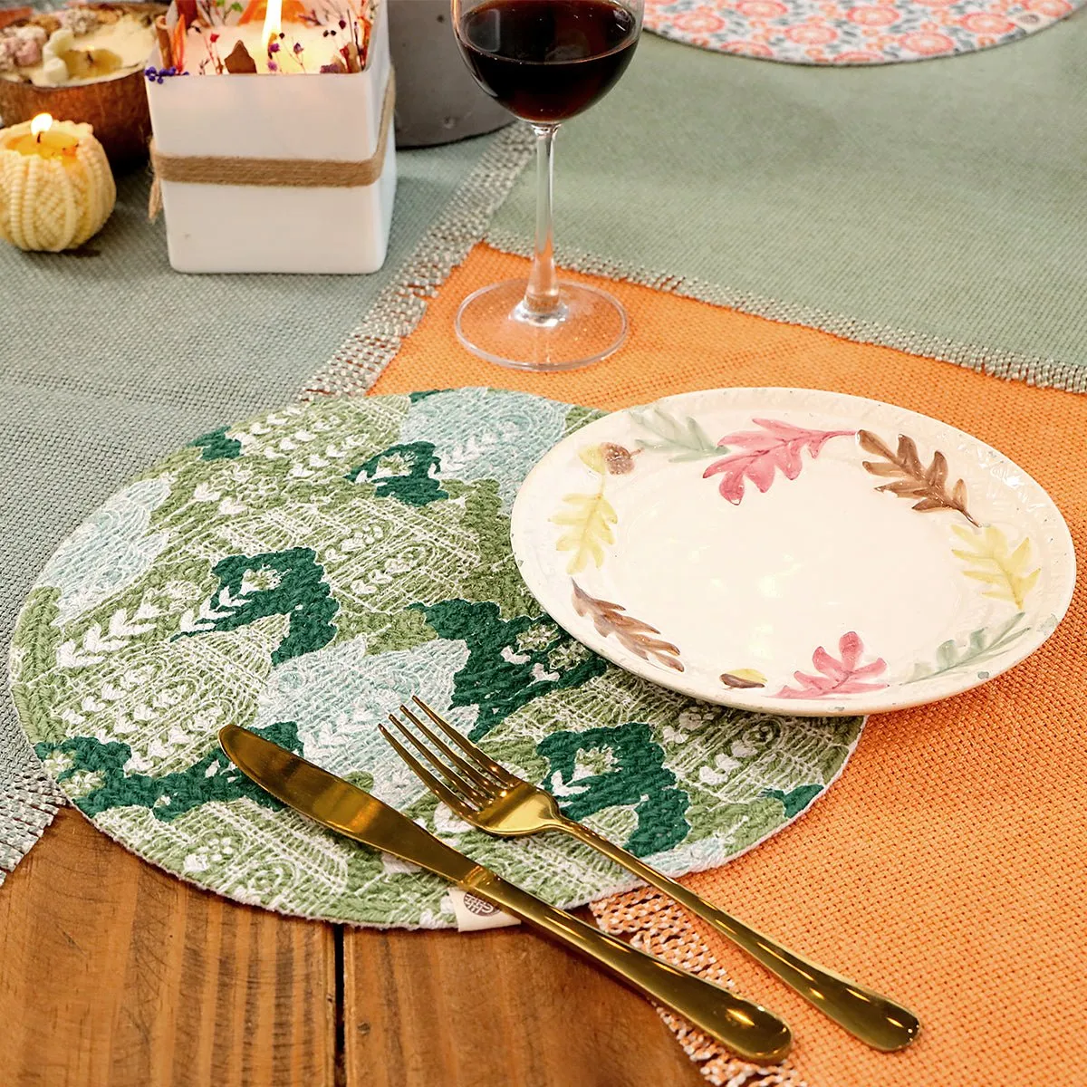 Abstract Green Round Mat - Set of 2
