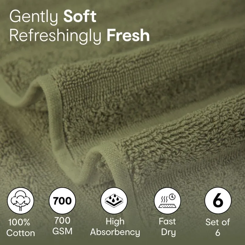 Anko Australia 100% Cotton 700 GSM Ribbed Hand Towel | Set of 6 | Super-Soft, Absorbent, Quick-Drying | Olive Green Towel for Men, Women & Kids | 60x40 cm |Travel, Gym, Spa Towel