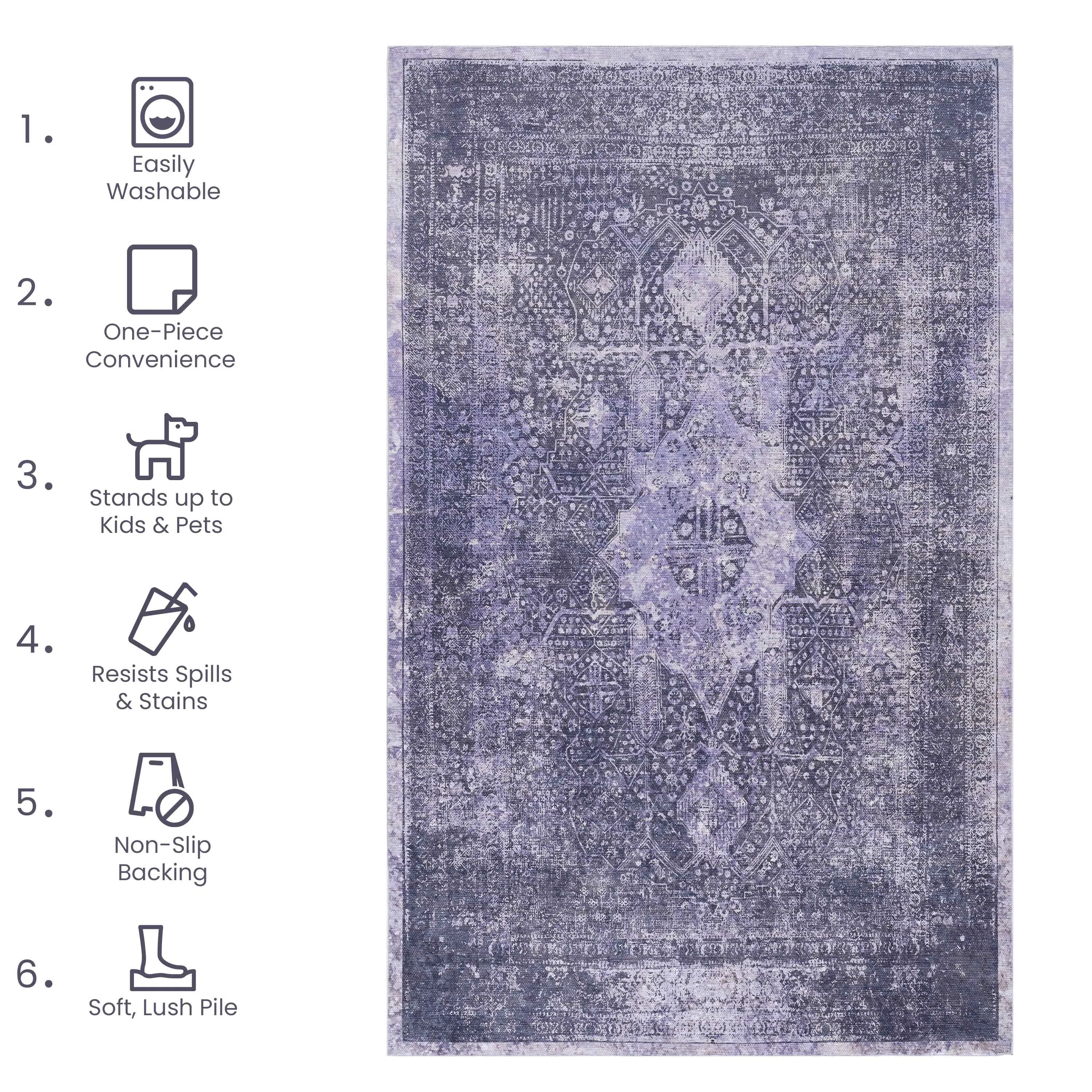 Area Rug, Washable Rug, Low-Pile, Non-Slip, Non-Shedding, Foldable, Kid & Pet Friendly - Area Rugs for living room, bedroom, kitchen, dining room rug - Perfect Gifts, (Anthracite, 2'6'' x 10')