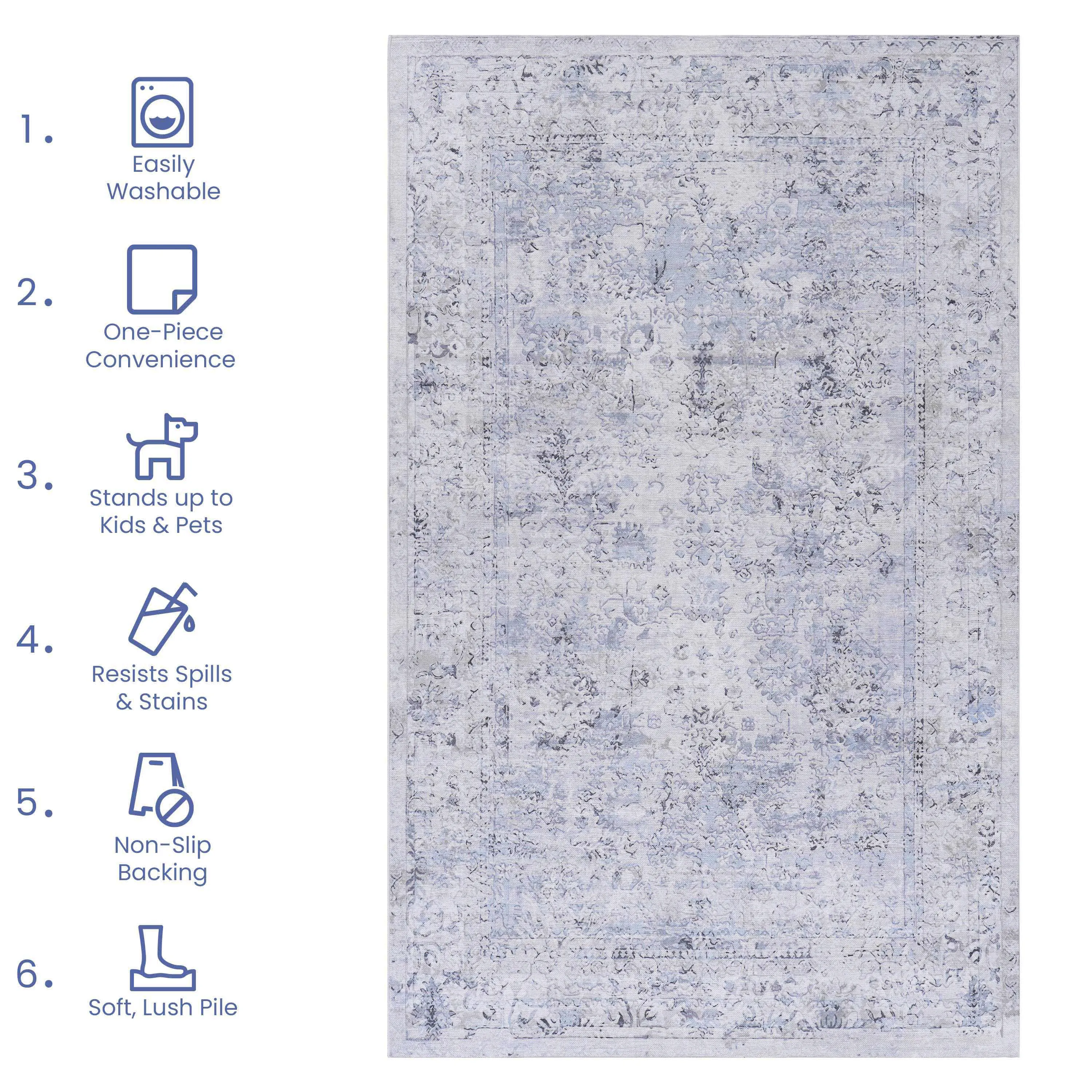 Area Rug, Washable Rug, Low-Pile, Non-Slip, Non-Shedding, Foldable, Kid & Pet Friendly - Area Rugs for living room, bedroom, kitchen, dining room rug - Perfect Gifts, (Blue Cream, 2'6'' x 10')