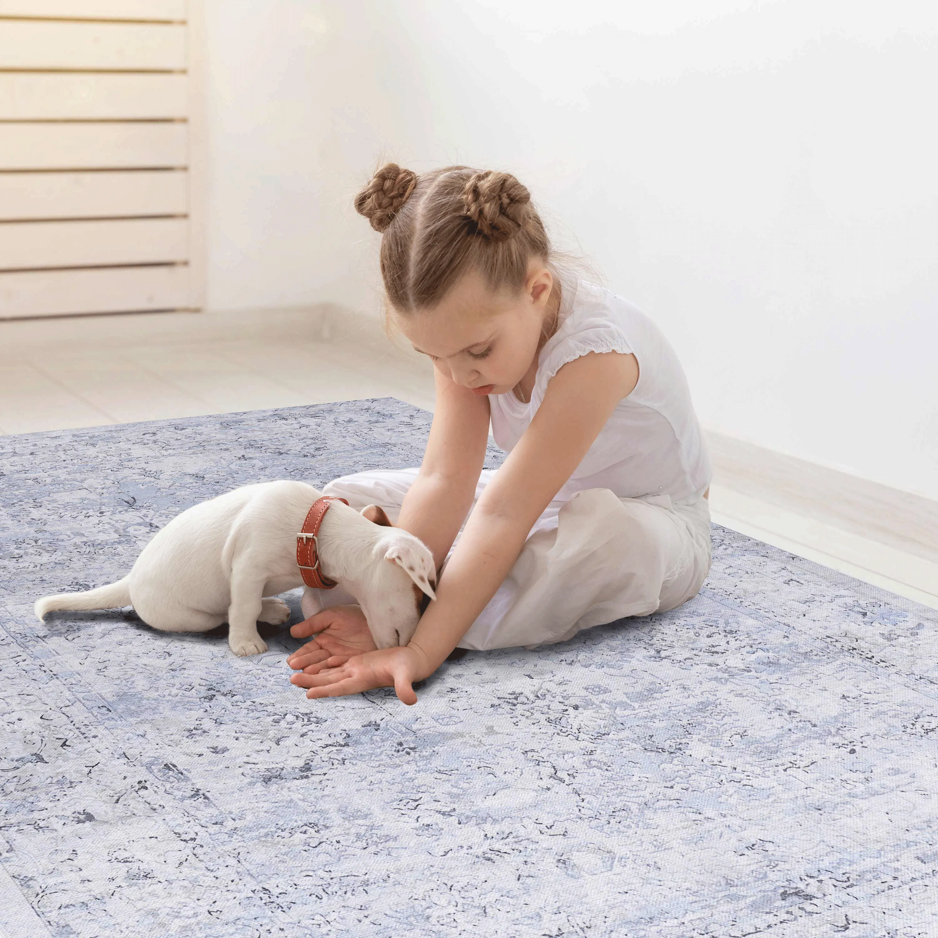 Area Rug, Washable Rug, Low-Pile, Non-Slip, Non-Shedding, Foldable, Kid & Pet Friendly - Area Rugs for living room, bedroom, kitchen, dining room rug - Perfect Gifts, (Blue Cream, 2'6'' x 10')