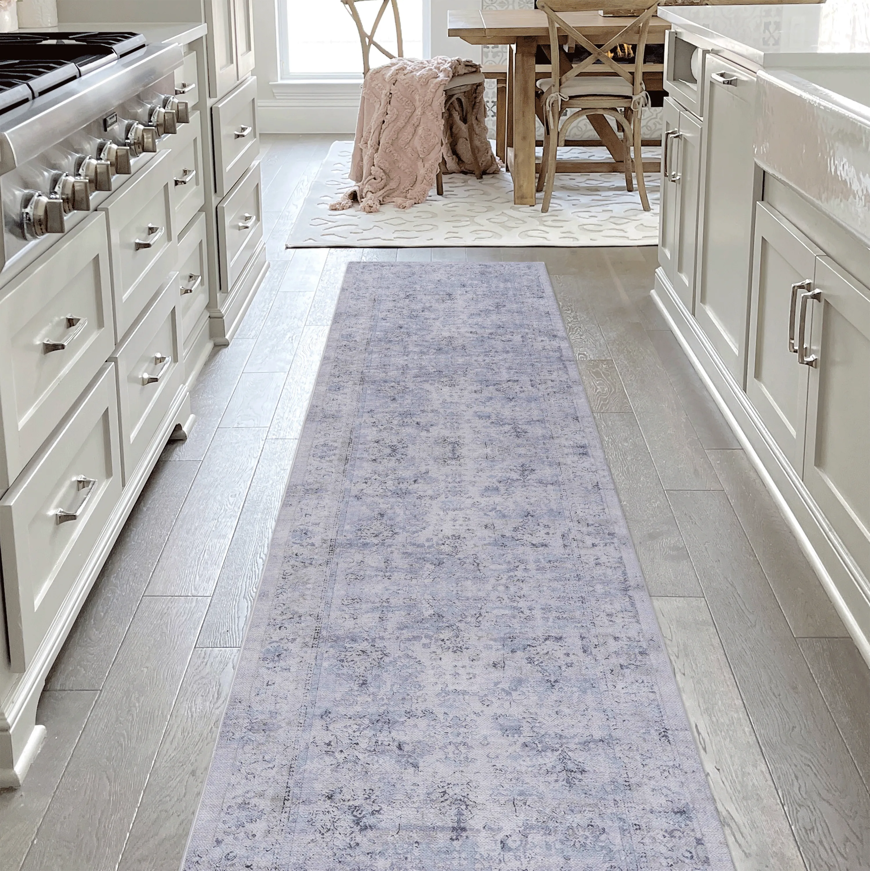 Area Rug, Washable Rug, Low-Pile, Non-Slip, Non-Shedding, Foldable, Kid & Pet Friendly - Area Rugs for living room, bedroom, kitchen, dining room rug - Perfect Gifts, (Blue Cream, 2'6'' x 10')