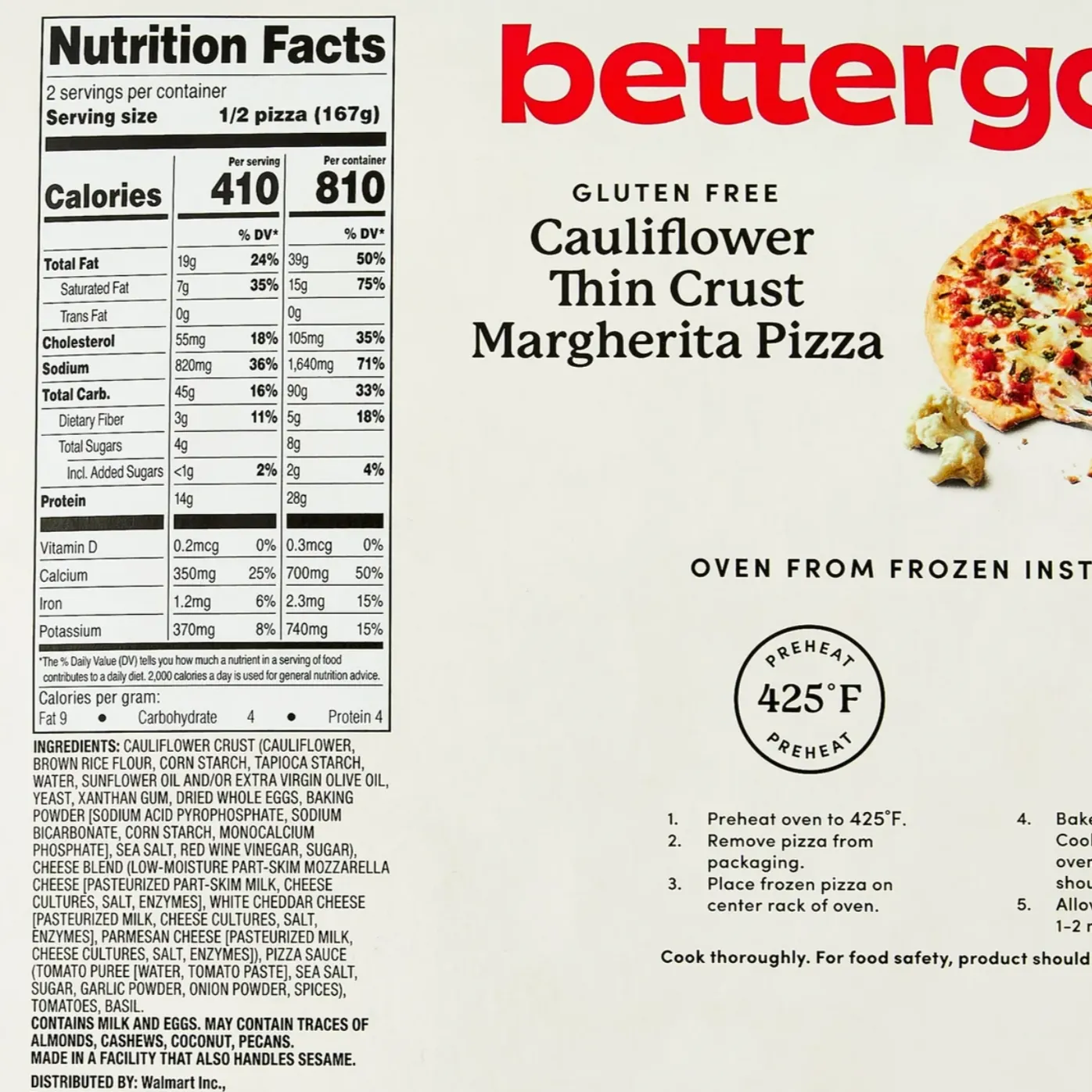 bettergoods Gluten-Free Cauliflower Thin Crust Margherita Frozen Pizza, 11.8 oz