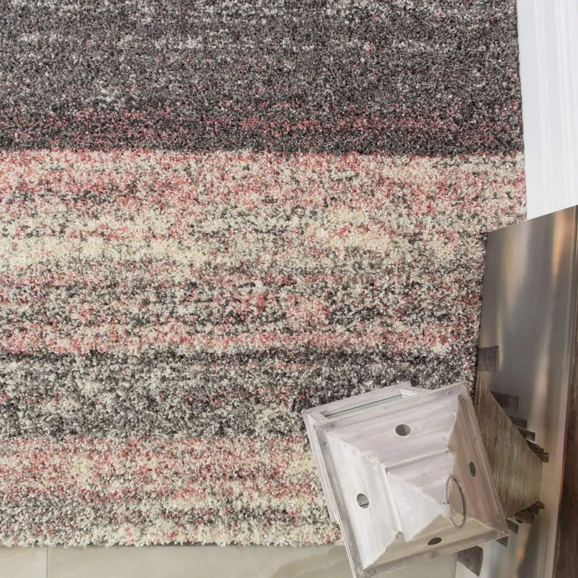 Blush Pink Stripe Shaggy Rug