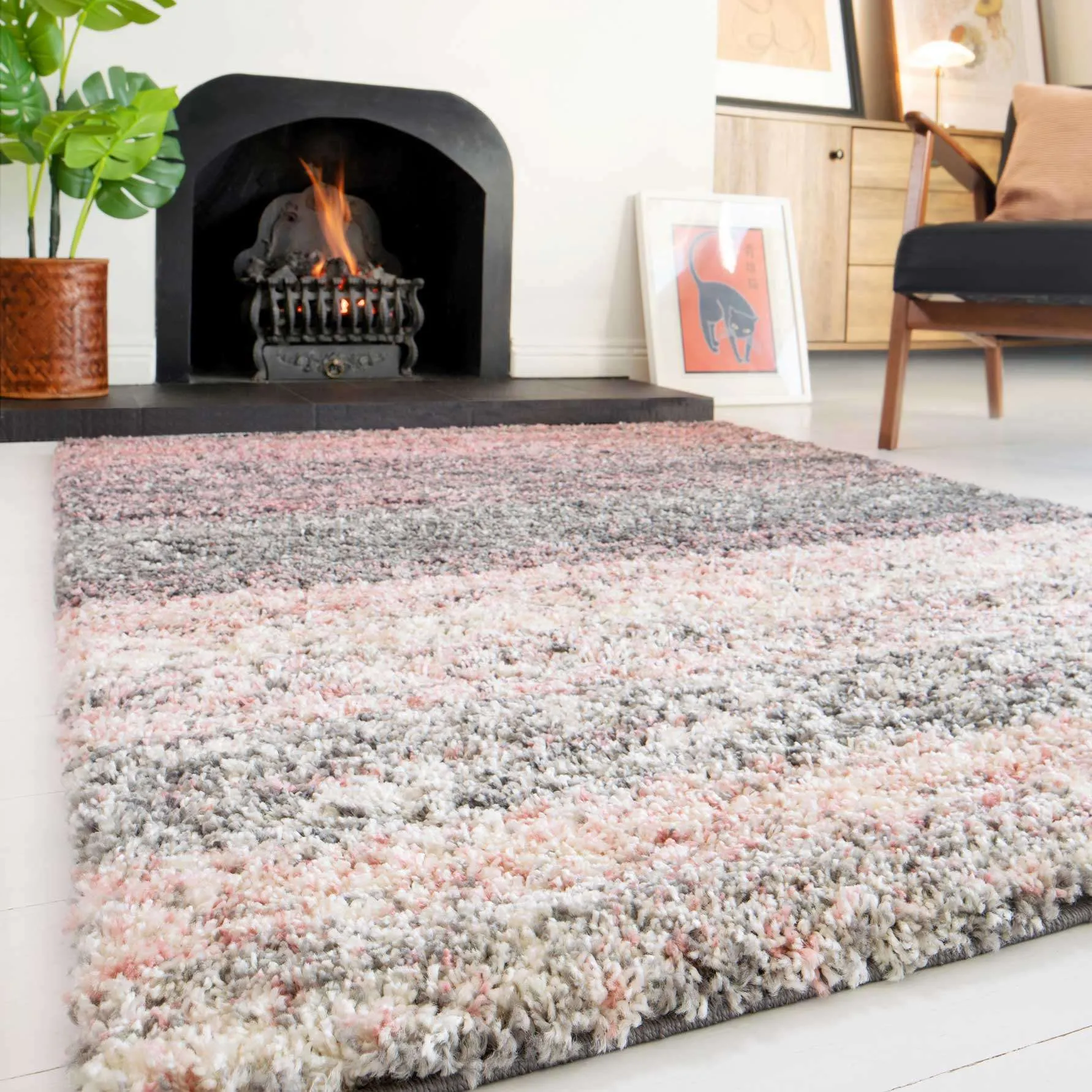 Blush Pink Stripe Shaggy Rug