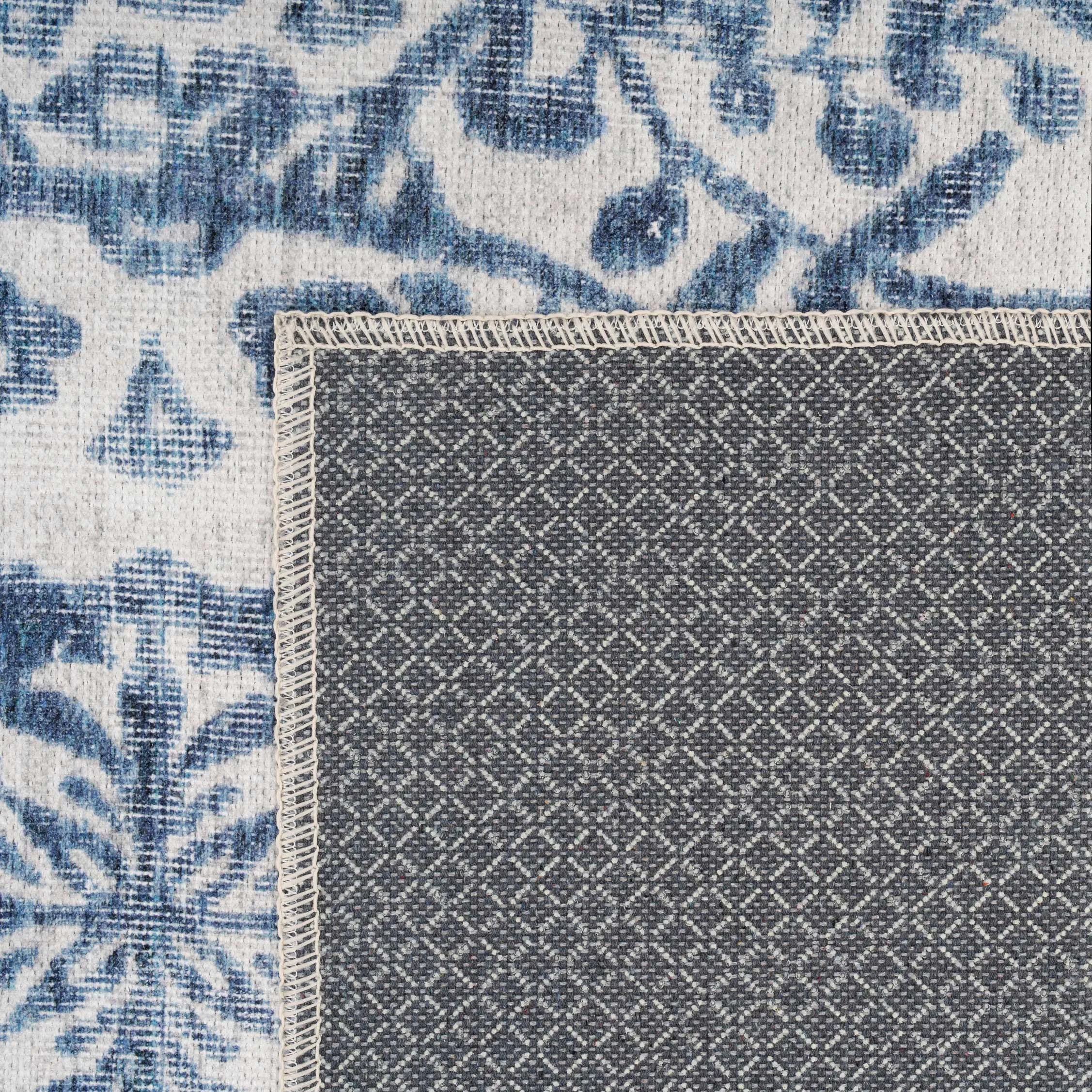 Distressed Blue Damask Washable Rug - Bala