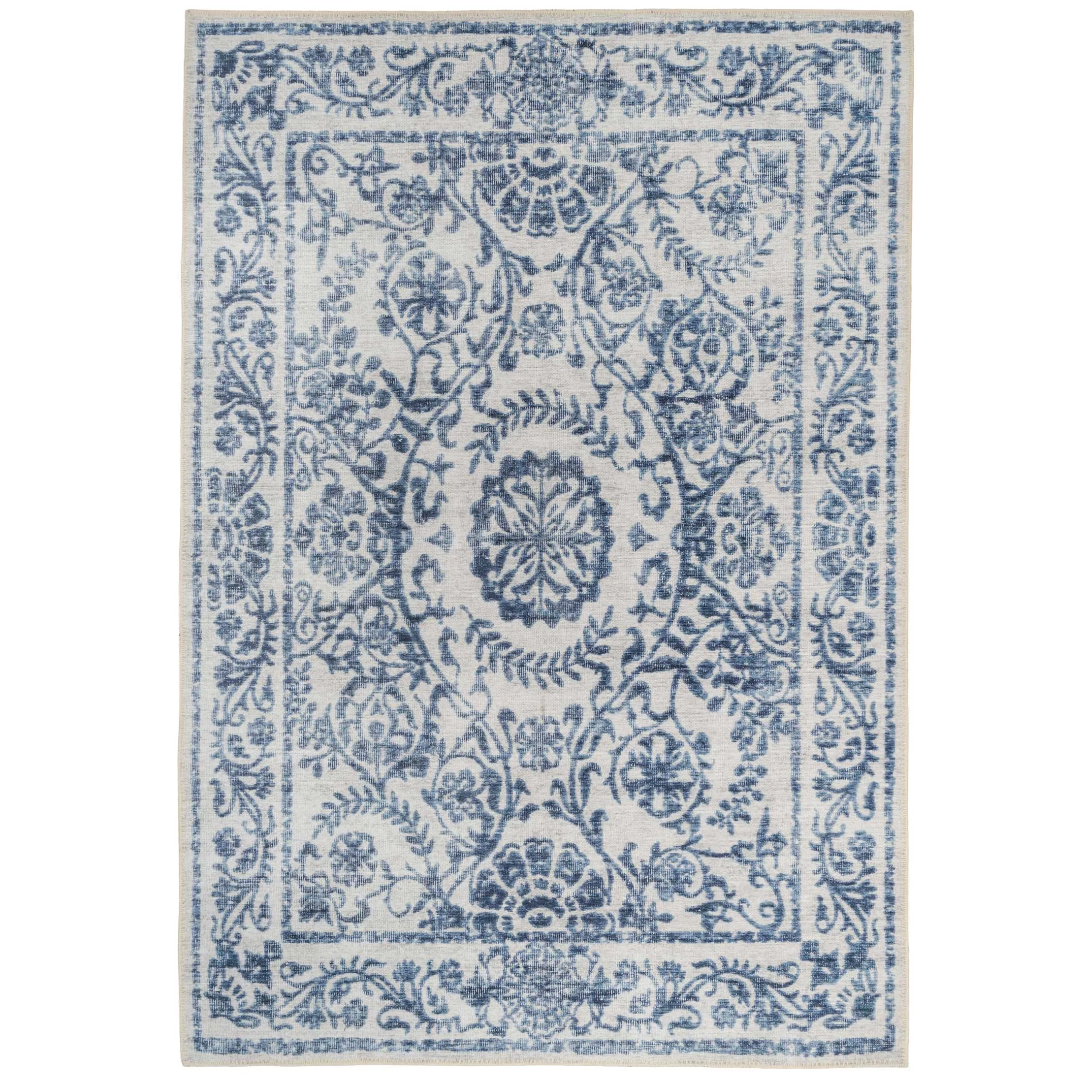 Distressed Blue Damask Washable Rug - Bala