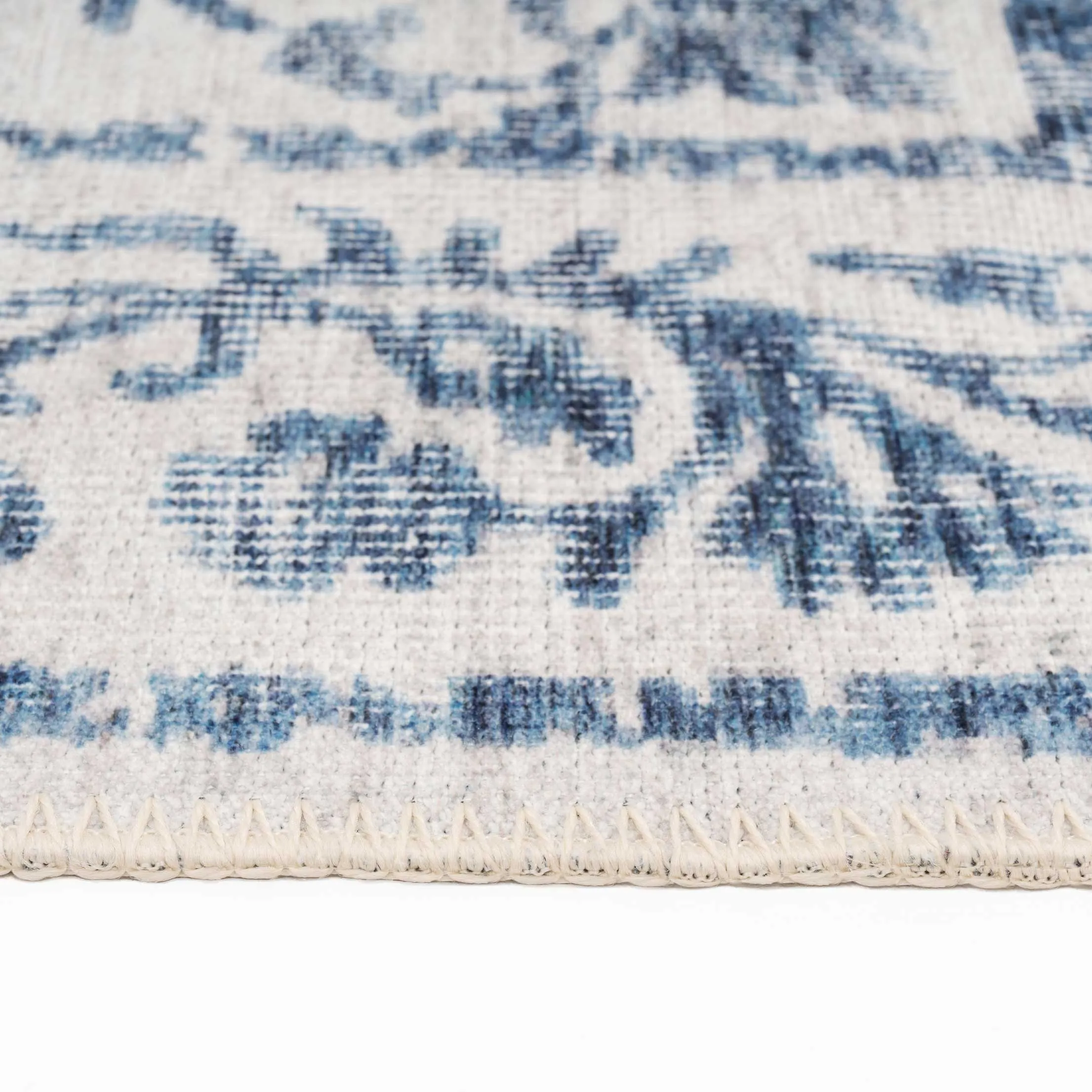 Distressed Blue Damask Washable Rug - Bala