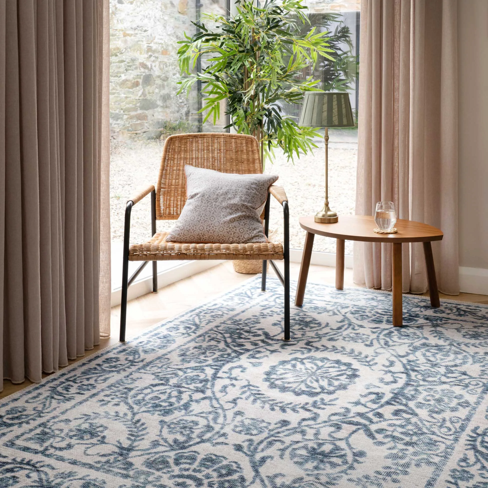 Distressed Blue Damask Washable Rug - Bala