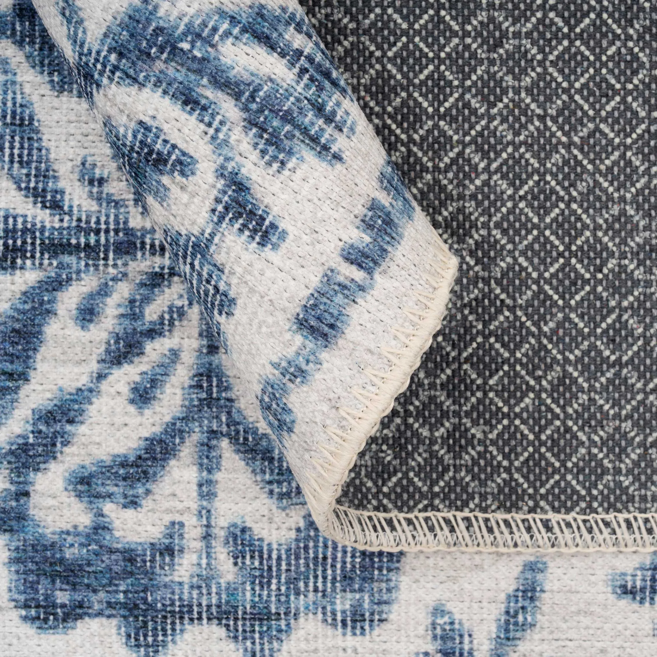 Distressed Blue Damask Washable Rug - Bala