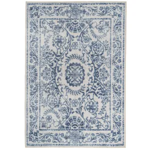 Distressed Blue Damask Washable Rug - Bala