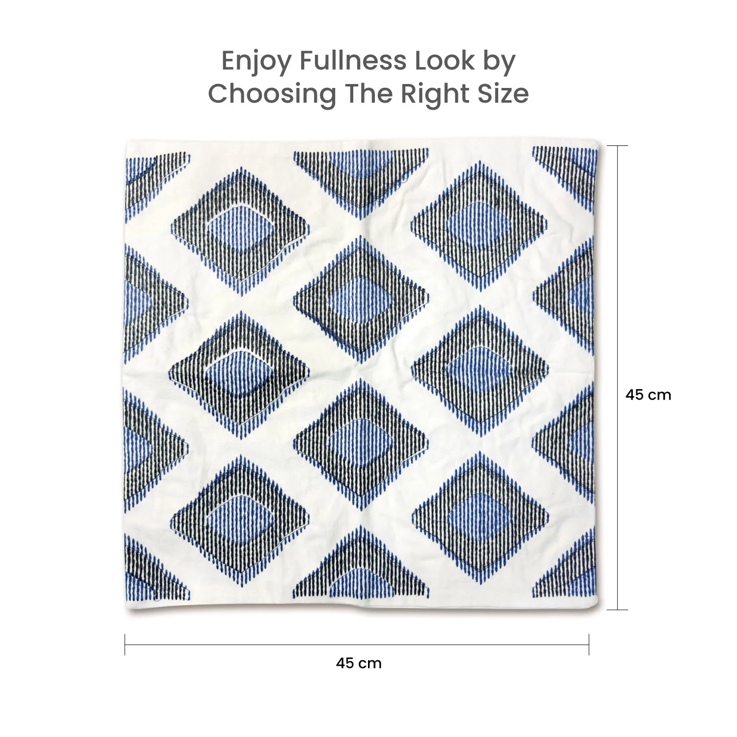 Embroidered Cushion - 100% Cotton Canvas, 45x45cm |  Blue Rhombus Pattern | Set of 2  | Cotton Home