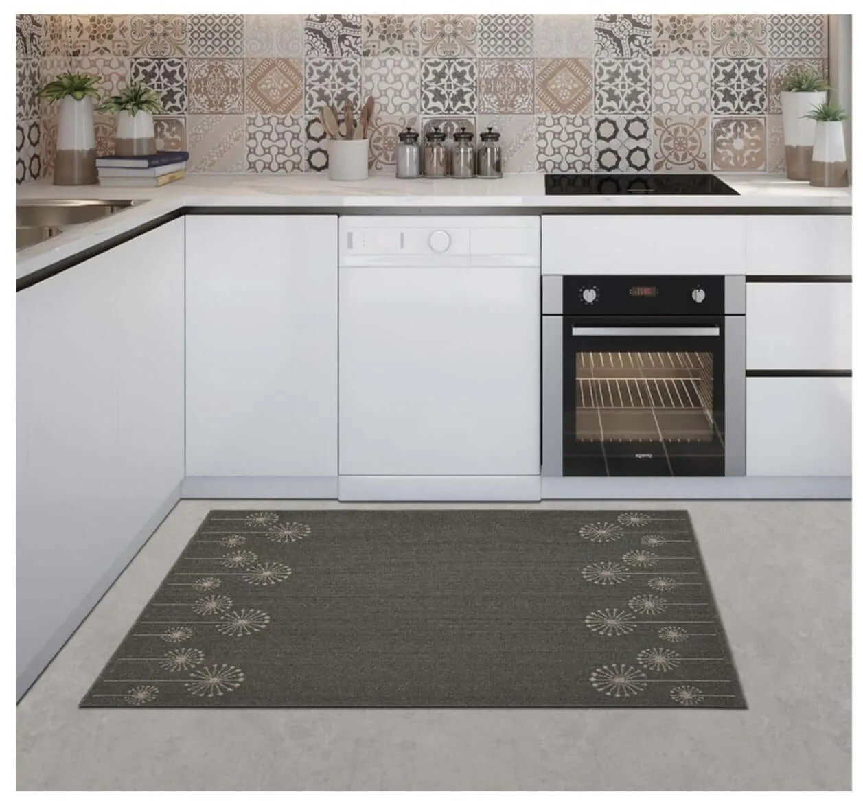 Geneva Lead Sand Flower Washable Rug & Runner