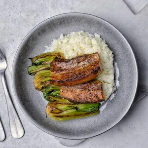 Japanese BBQ Glazed Pork Belly with Boy Choy & Steamed Rice
