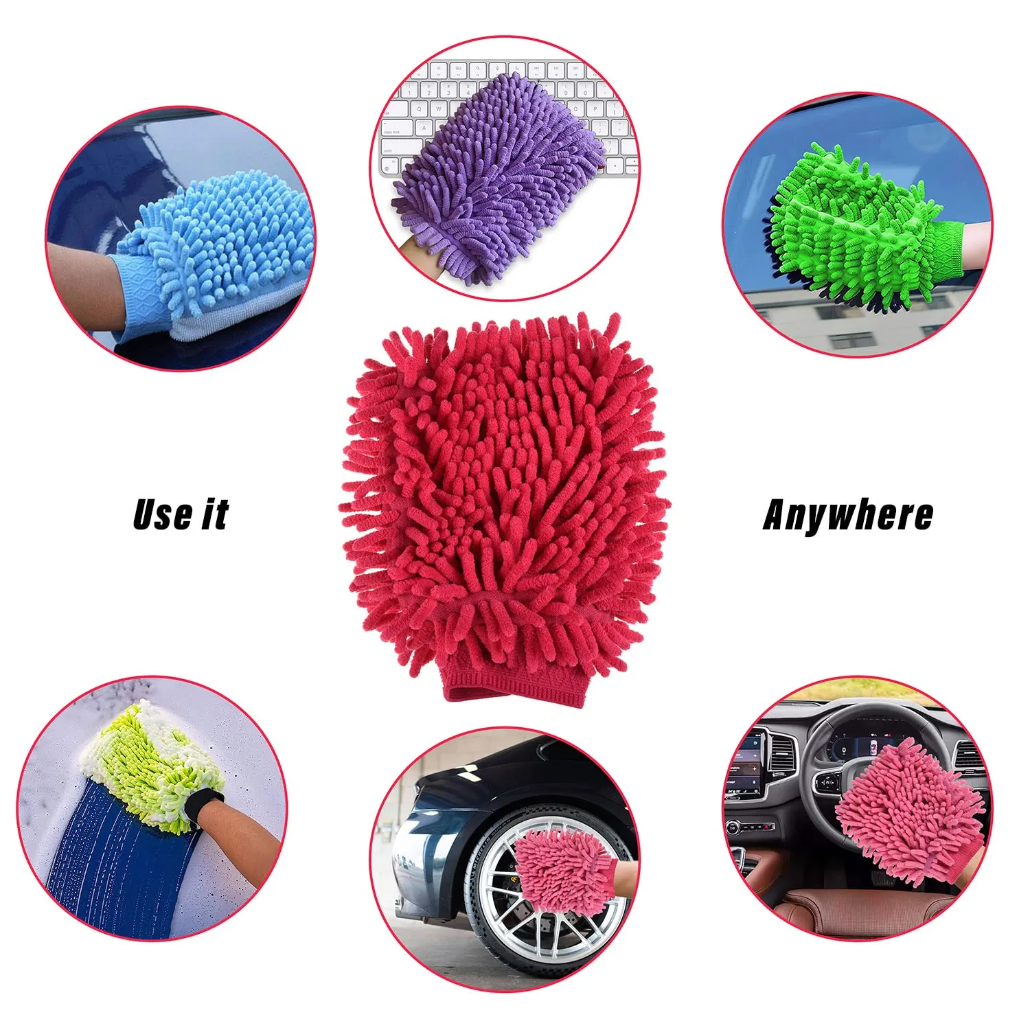 Kuber Industries Chenille Mitts|Microfiber Cleaning Gloves|Inside Waterproof Cloth Gloves|100 Gram Weighted Hand Duster|Chenille Gloves for Car|Glass|Pack of 5 (Dark Pink)