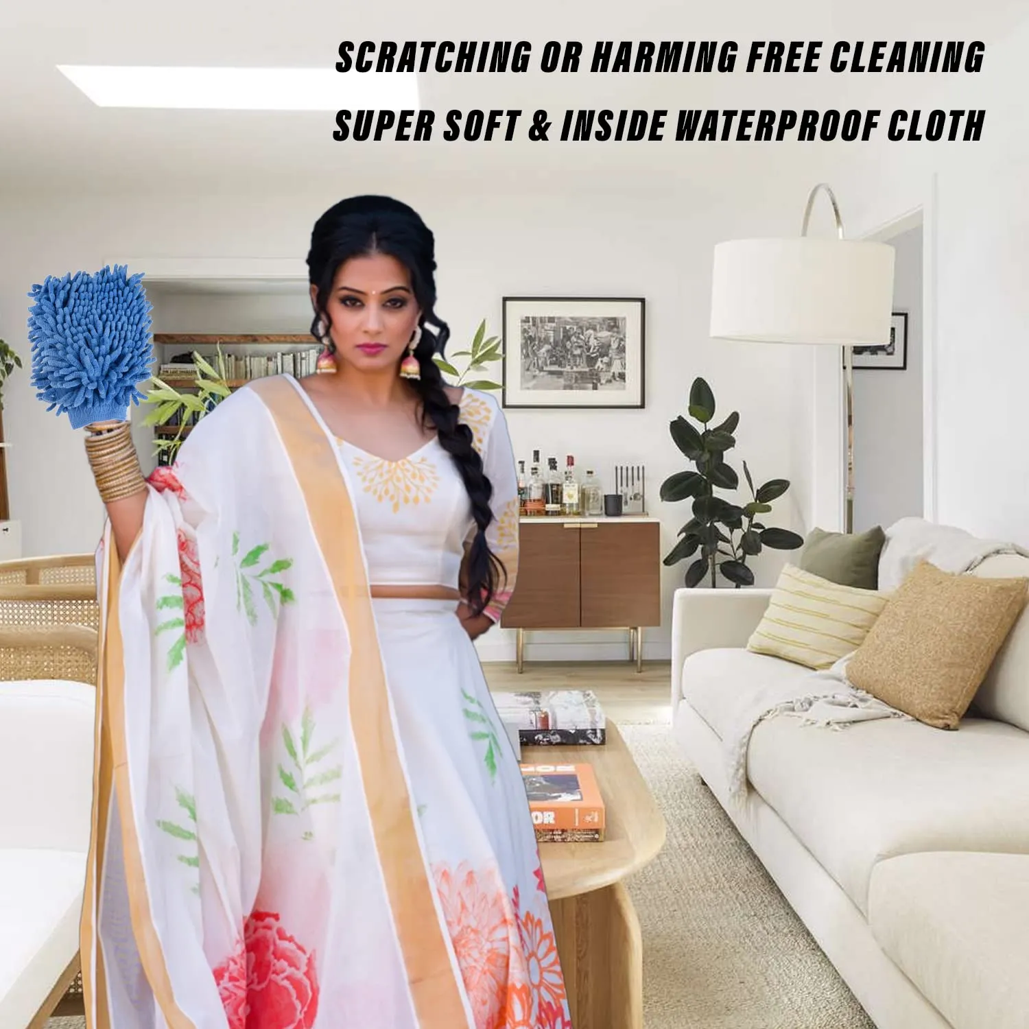 Kuber Industries Chenille Mitts|Microfiber Cleaning Gloves|Inside Waterproof Cloth Gloves|100 Gram Weighted Hand Duster|Hand Chenille Gloves for Car|Glass (Blue)