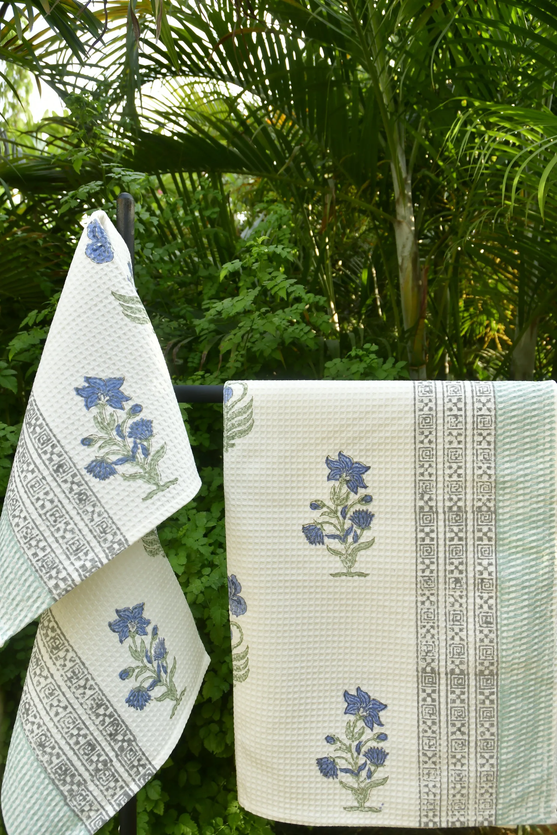 Luxurious Blue Lily Bath & Hand Towel Set: Hand Block Printed (India)