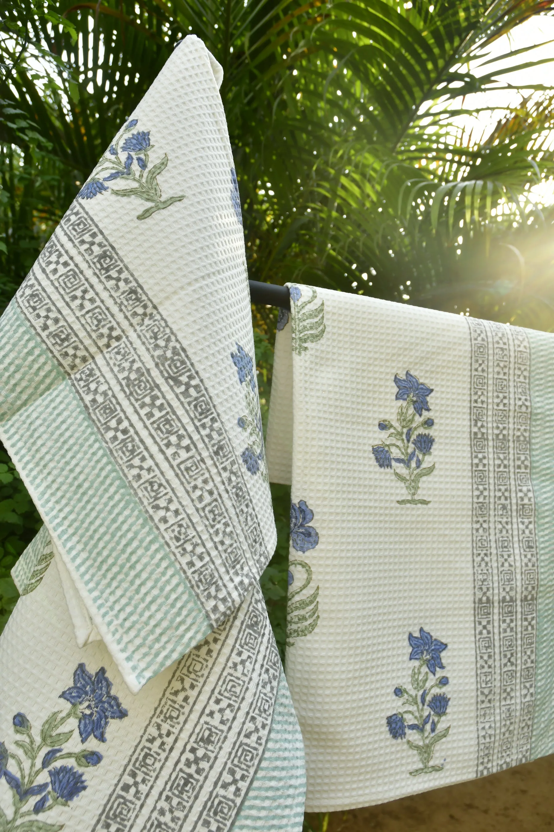 Luxurious Blue Lily Bath & Hand Towel Set: Hand Block Printed (India)