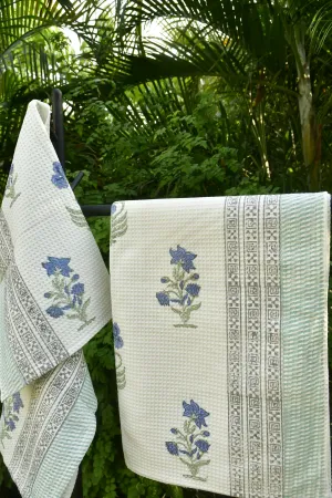 Luxurious Blue Lily Bath & Hand Towel Set: Hand Block Printed (India)