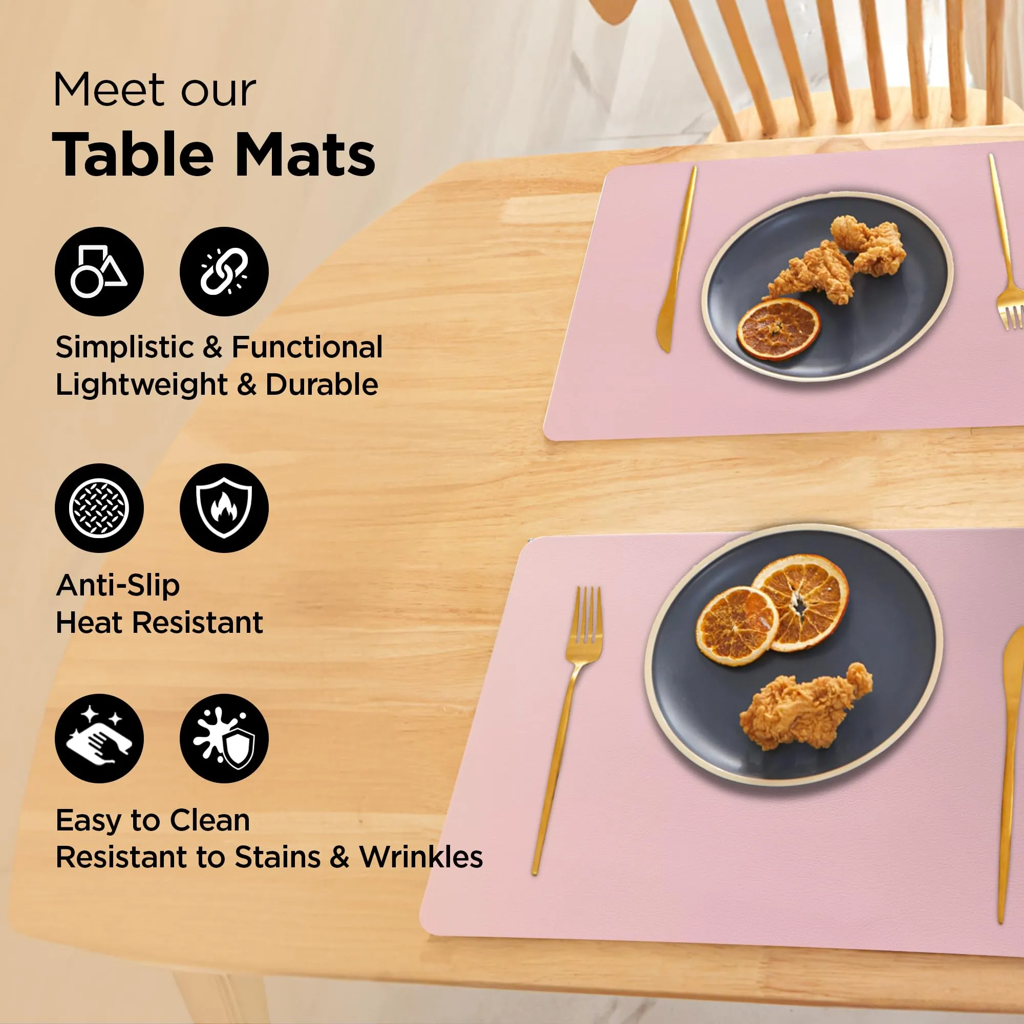 UMAI Jacquard Table Mat Set of 6 | Dining Table Accessories | Kitchen Office Restaurant | Anti-Skid Waterproof PVC Artificial Leather | Grey Pink | 6 Pieces
