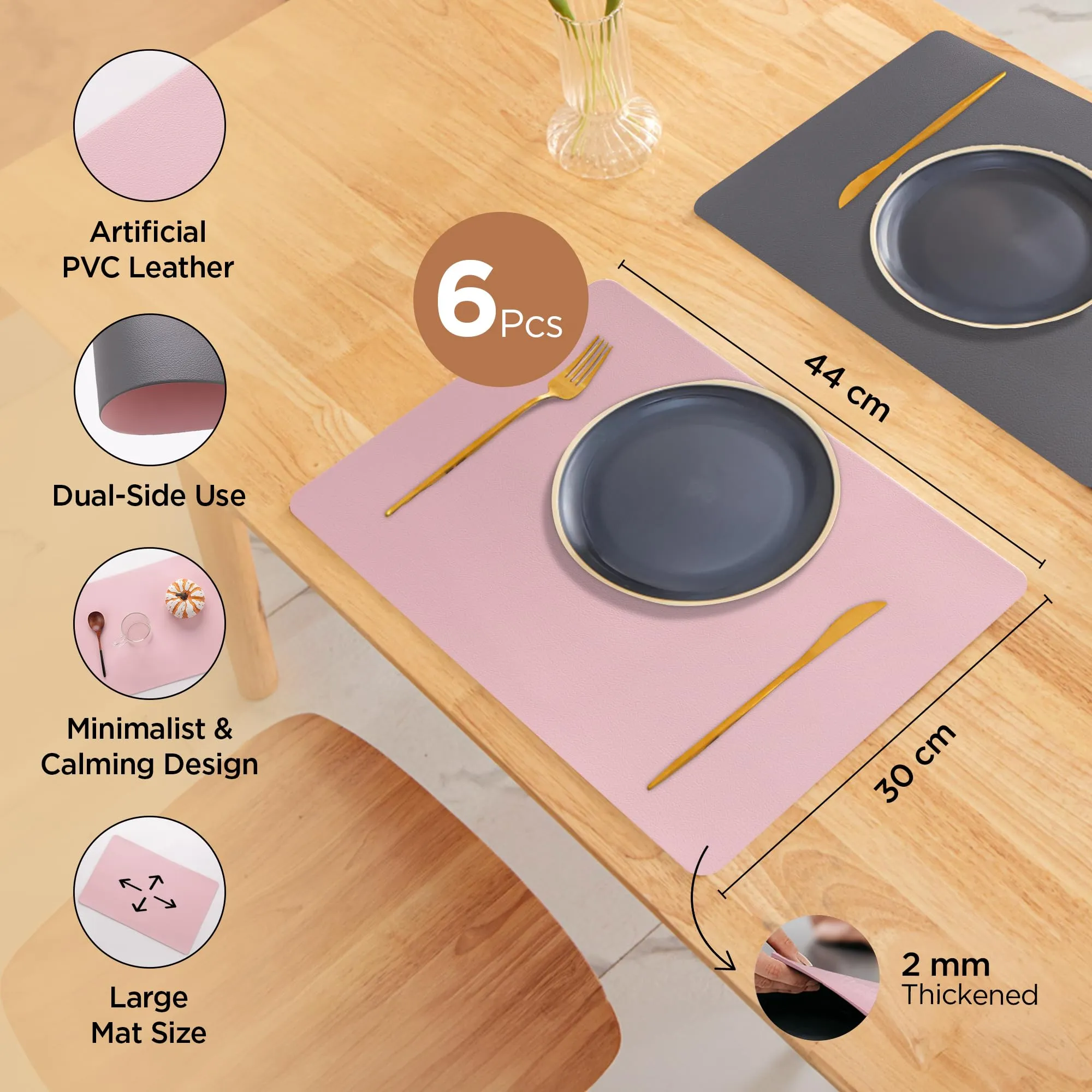 UMAI Jacquard Table Mat Set of 6 | Dining Table Accessories | Kitchen Office Restaurant | Anti-Skid Waterproof PVC Artificial Leather | Grey Pink | 6 Pieces