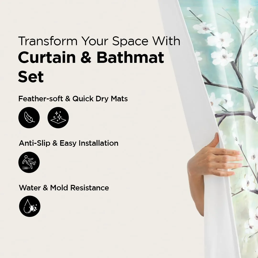 UMAI Shower Curtain (180X180 cm) & Bathmat 3 Pcs Set|6ft|Creative Vibrant Coloured Polyster Curtain Sets with Non-Slip Bath mats for Bathroom|Easy-Slide Curtains|Quick Dry,Soft Mats (Geometric-Green)