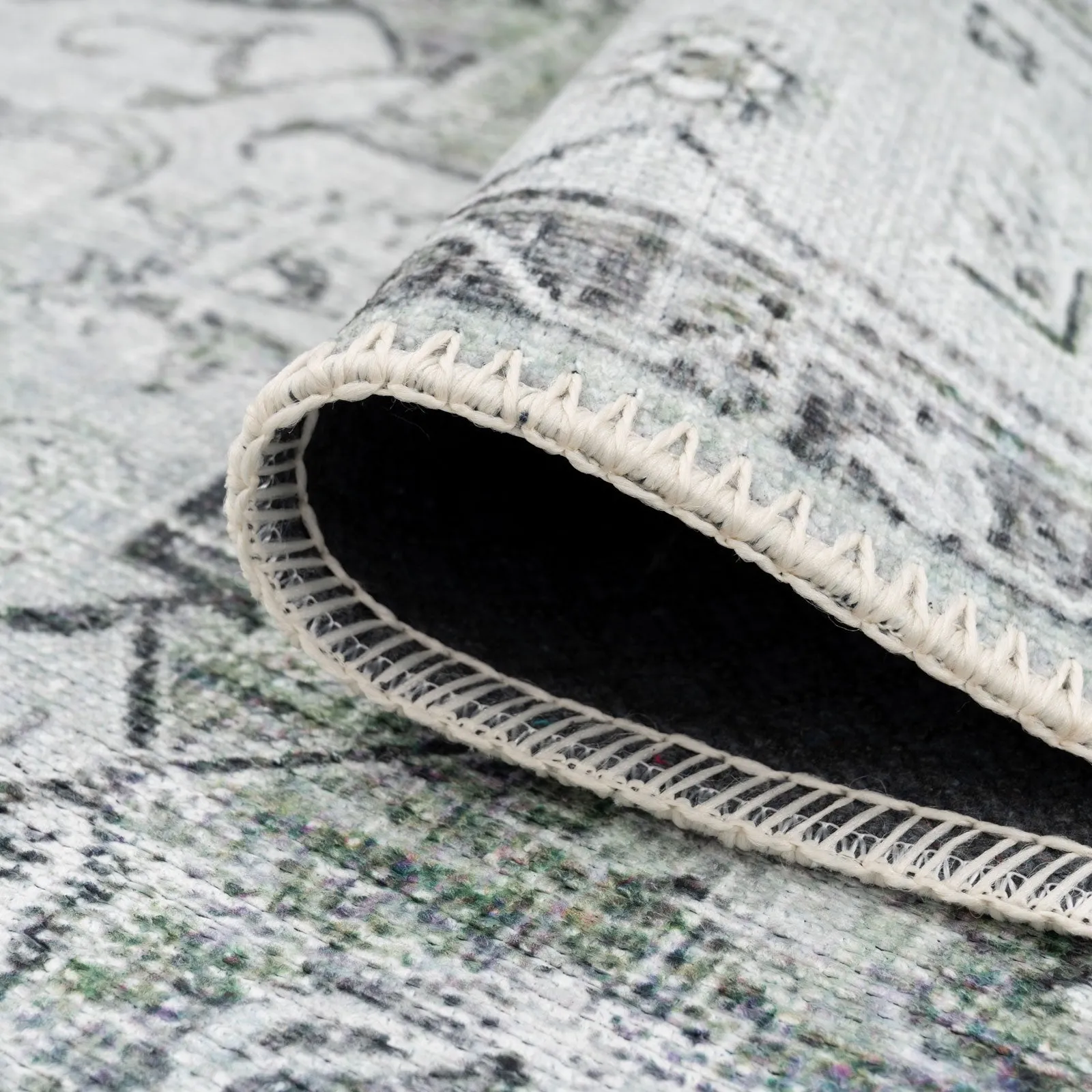 Washable Light Green Bordered Area Rug - Rumi