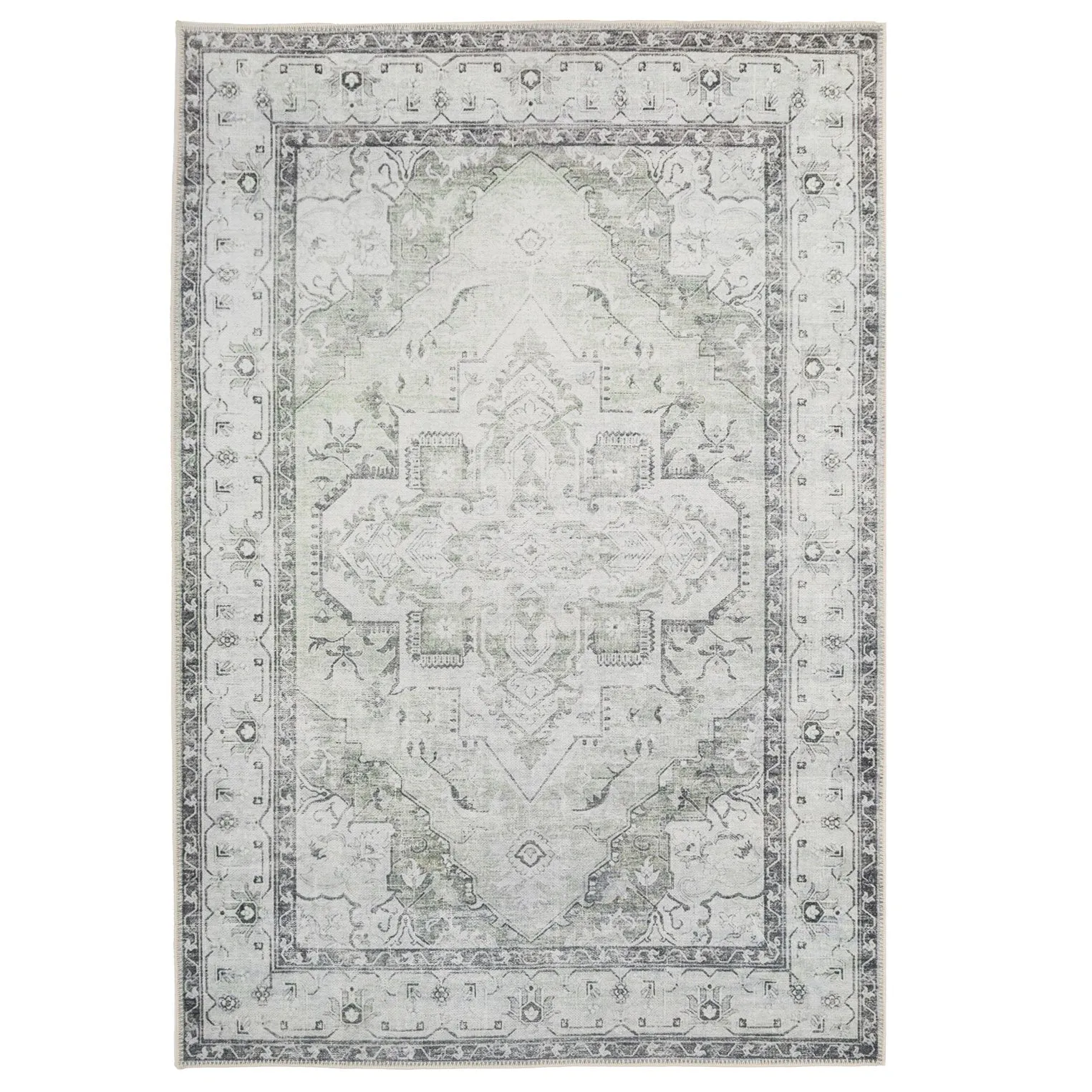 Washable Light Green Bordered Area Rug - Rumi
